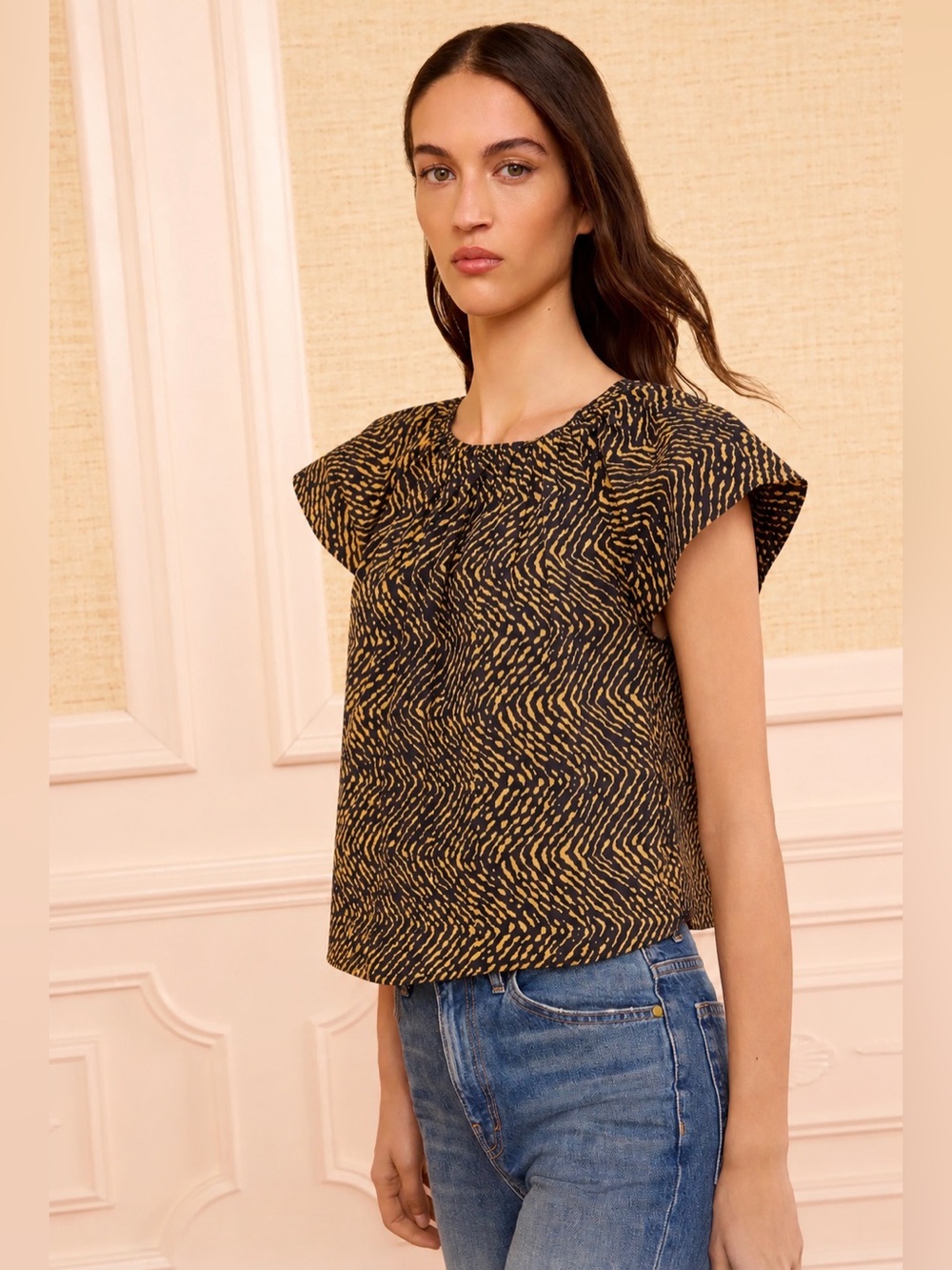 ULLA JOHNSON Macie Flutter Sleeve Cotton Printed Top size 4